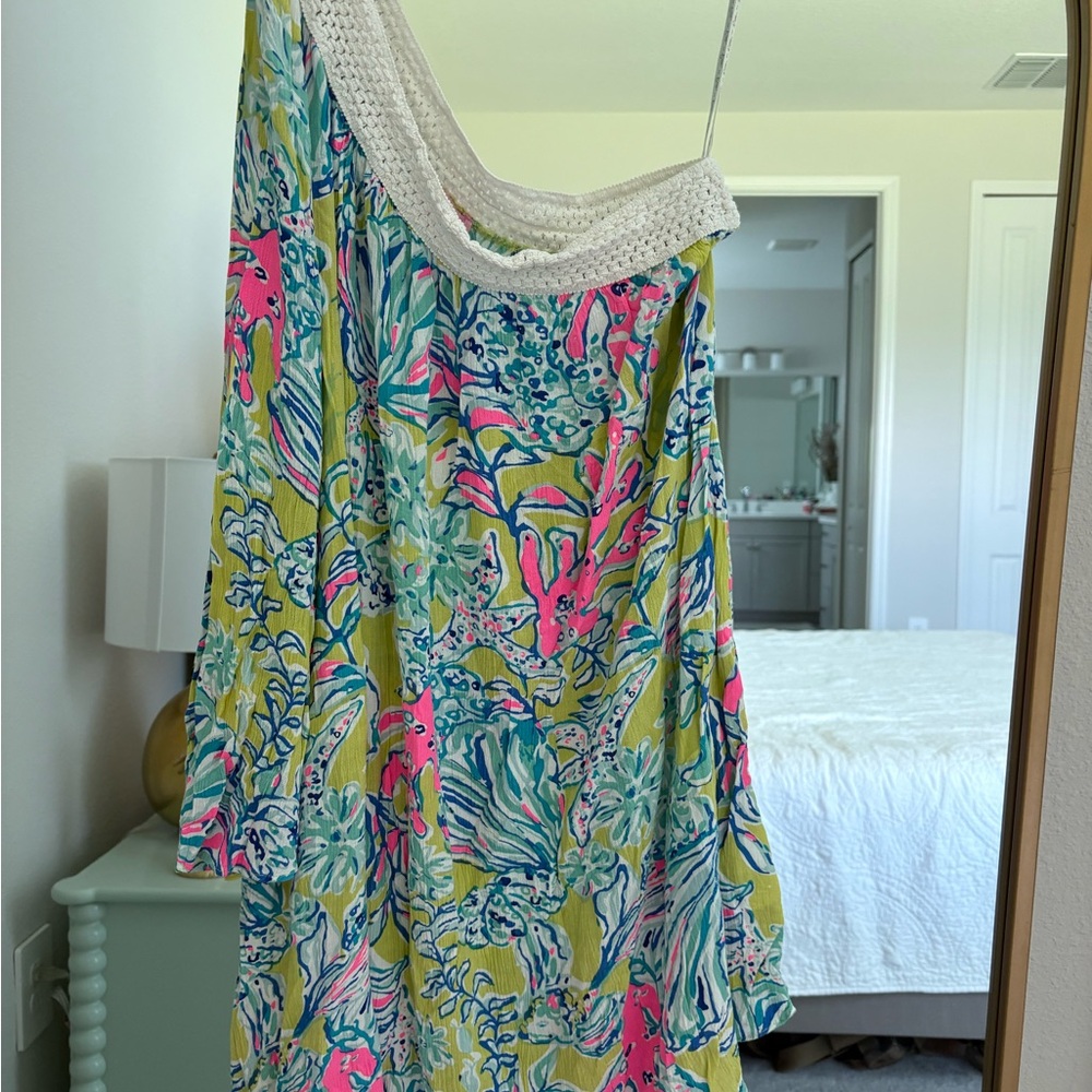 Lilly Pulitzer Pink, Aqua, Navy & Lime Printed Dress with Crochet Trim